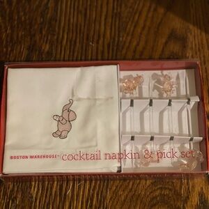 Boston Warehouse Pink Elephant Cocktail Napkin & Pick Set